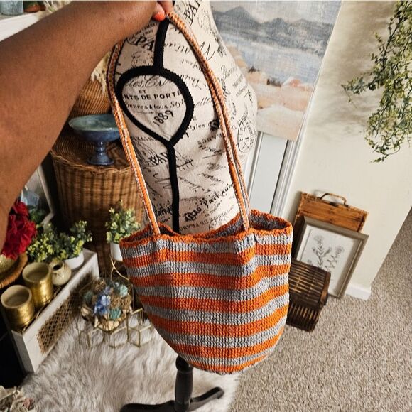 Orange & Grey Crochet Tote Bag by Kat. Man.Doo – Made in Nepal – Cotton – Small - Picture 9 of 14